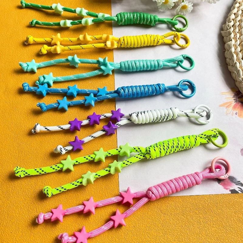 2Pcs Colorful Star Mobile Phone Case Pendant Hand-Woven Lanyard Keychain Macaron DIY Bag Pendant Color Rope Accessories Gift