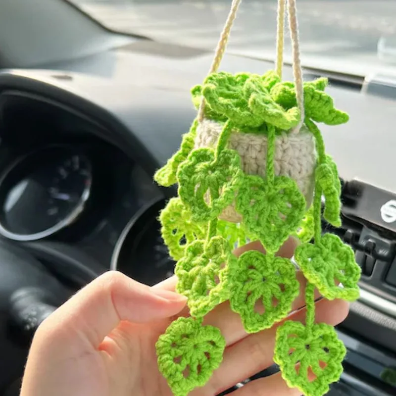 Hanging Potted Plant Crochet for Car Decoration 2023 Creative Car Handmade Ornament Rear View Mirror Hanging Accessorie 1PCs