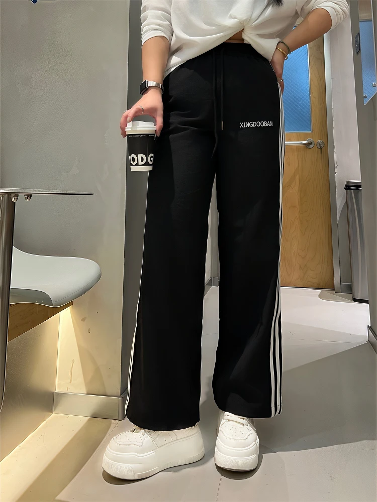 

Blue Vertical Stripe Elastic Waist Drawstring Casual Pants for plus Size Women Summer Sporty Loose Fit Long Trousers