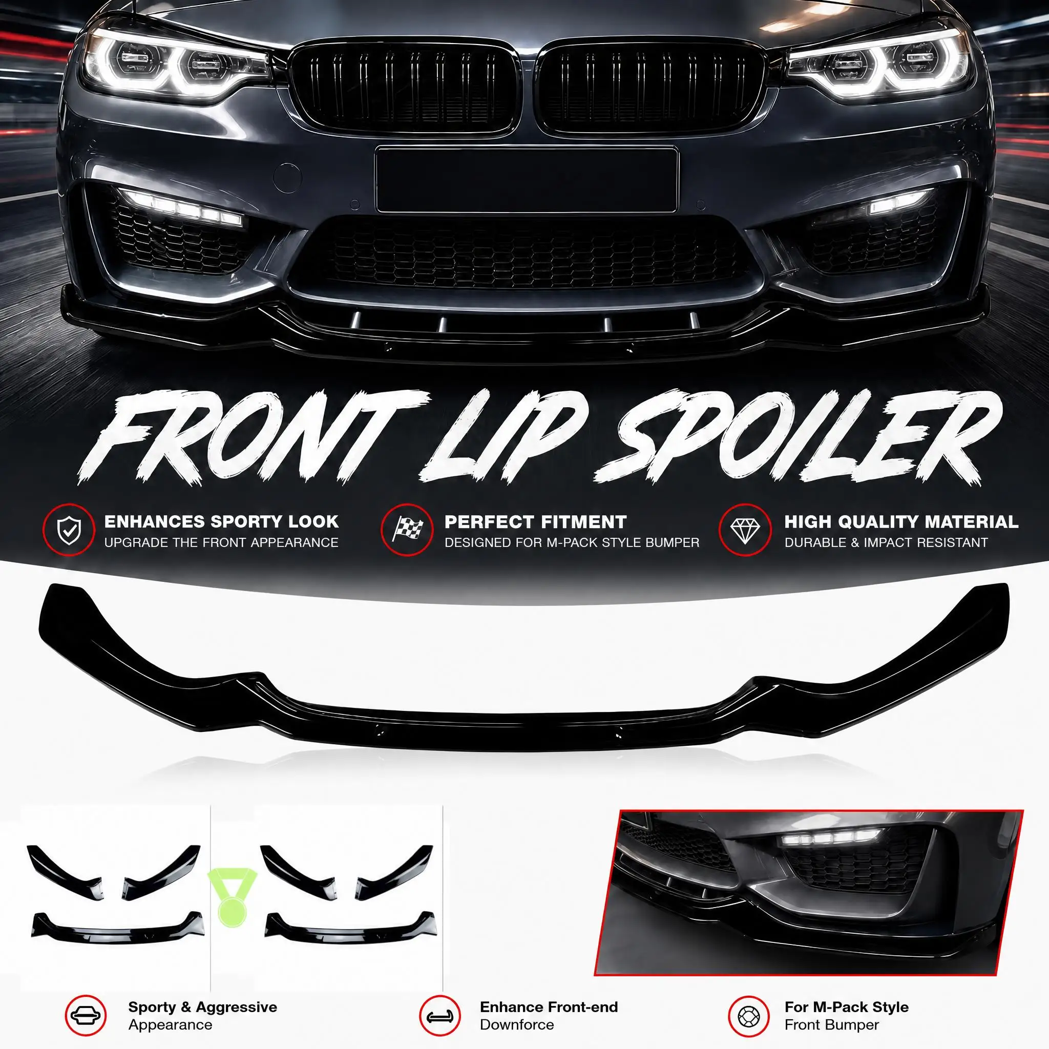 M Sport Glänzend Schwarze ABS-Frontstoßstangenlippe für BMW 1er Serie F20 F21 M-Paket 2015-2019 Spoiler Splitter 3-teiliges Set