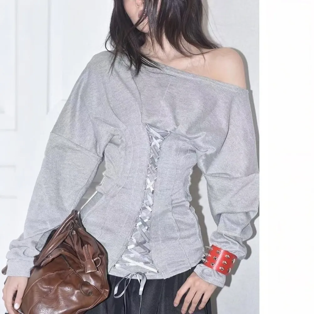 

Grey Skew Collar Off Shoulder T Shirt Women Summer Slim Waist Lace Up Long Sleeve Tops American Cozy Bodycon