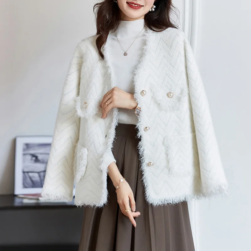 Faionable-abrigo de punto de fraancia pequeña para mujer, cárdigan de Color puro de fibra de poliéster Thiened para otoño e invierno