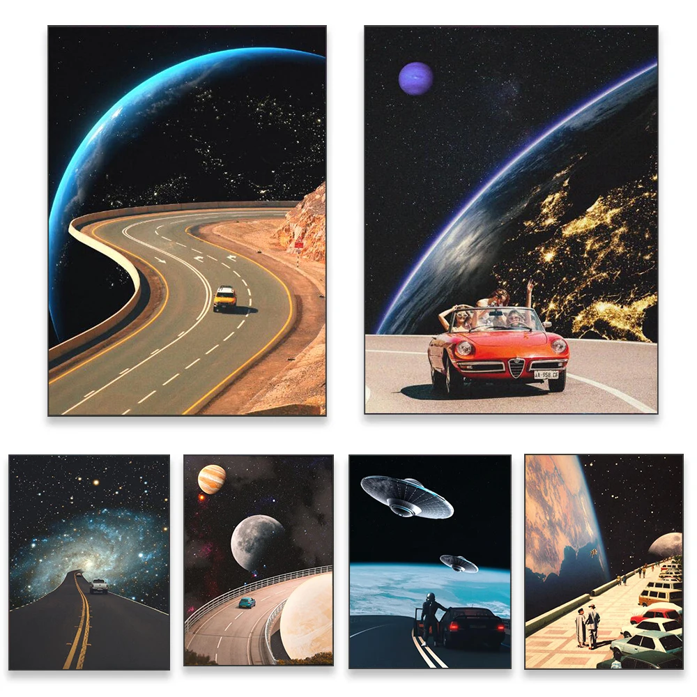 

Fantasy Traveling on the Science Fiction Space Station in a Car Canvas Painting Wall Art Print Poster For Living Room Home Decor