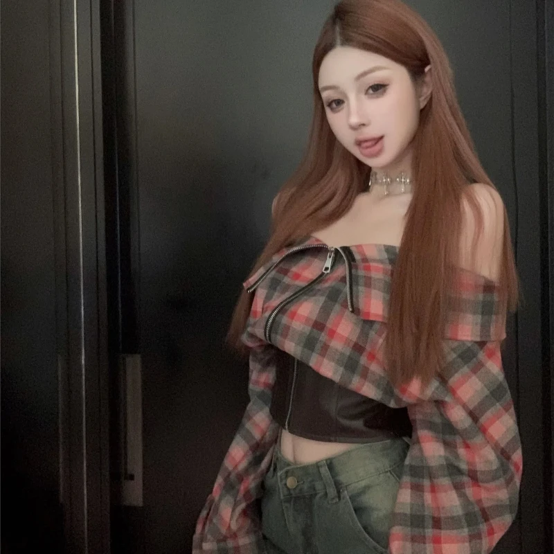 Vintage Plaid Off Shoulder Short Shirt Tops Spring Autumn New Zipper Patchwork Sexy Blouse Fashion Temperament Women Clothing