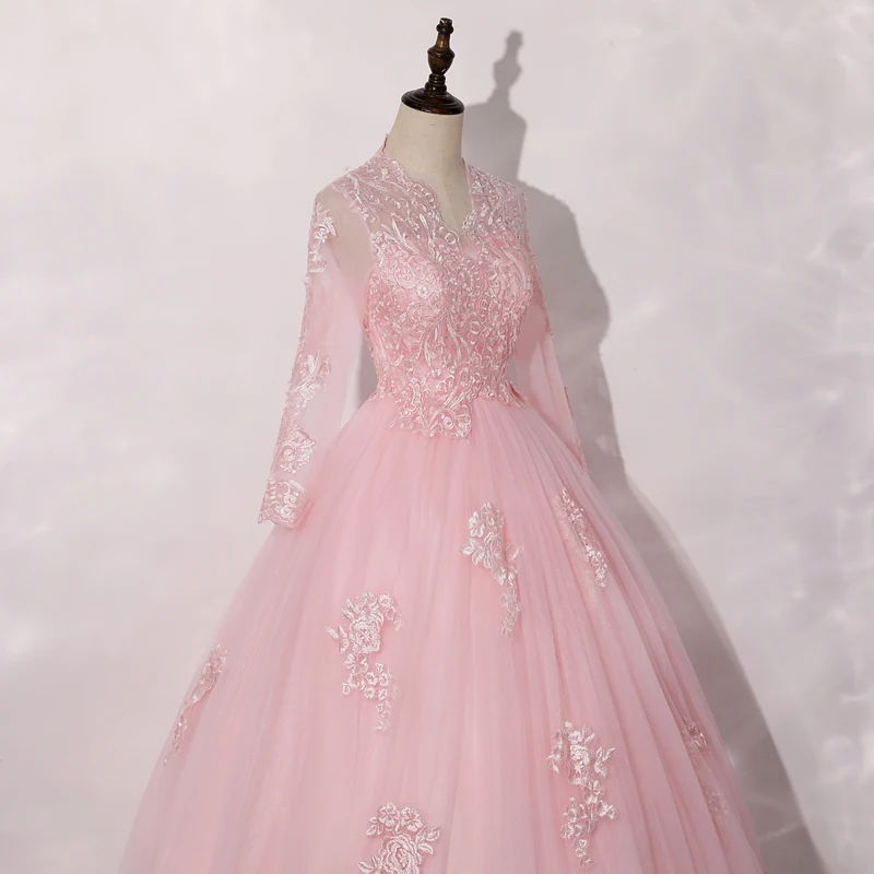 Vestidos Quinceanera rosa com decote em V, vestidos de baile, mangas compridas, personalizados, renda elegante, clássico, novo