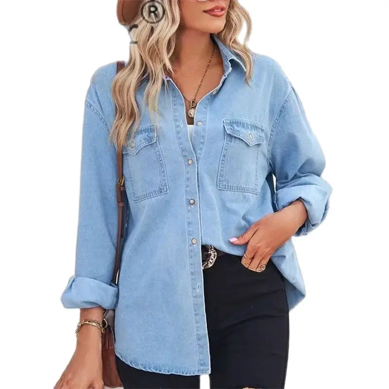 

Fashion Thin Slim Fit Denim Shirt Female Autumn Long Sleeve Lapel Neck Single-breasted Cardigan Blouse Women Casual Commuter Top