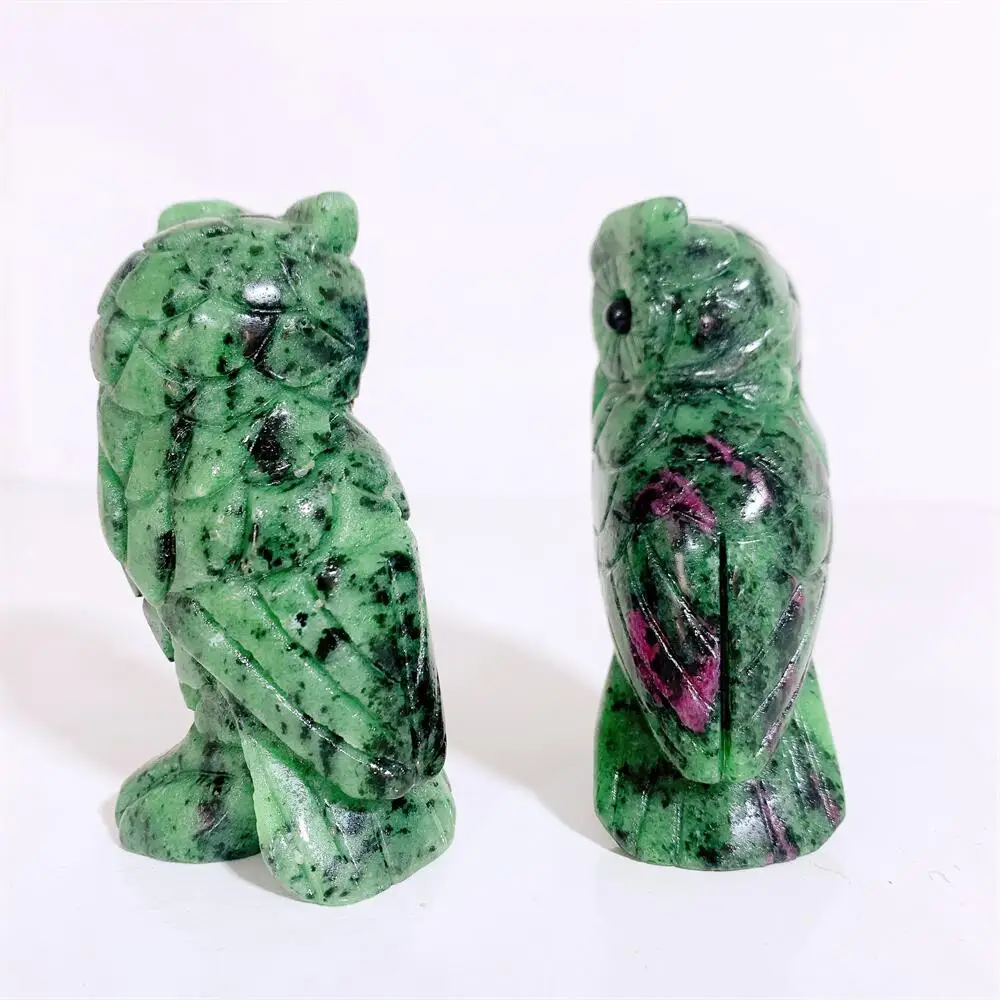 Natural Ruby In Zoisite Owl Figurine Crafts Healing Crystals Carving Halloween Gift Home Decoration 1PCS