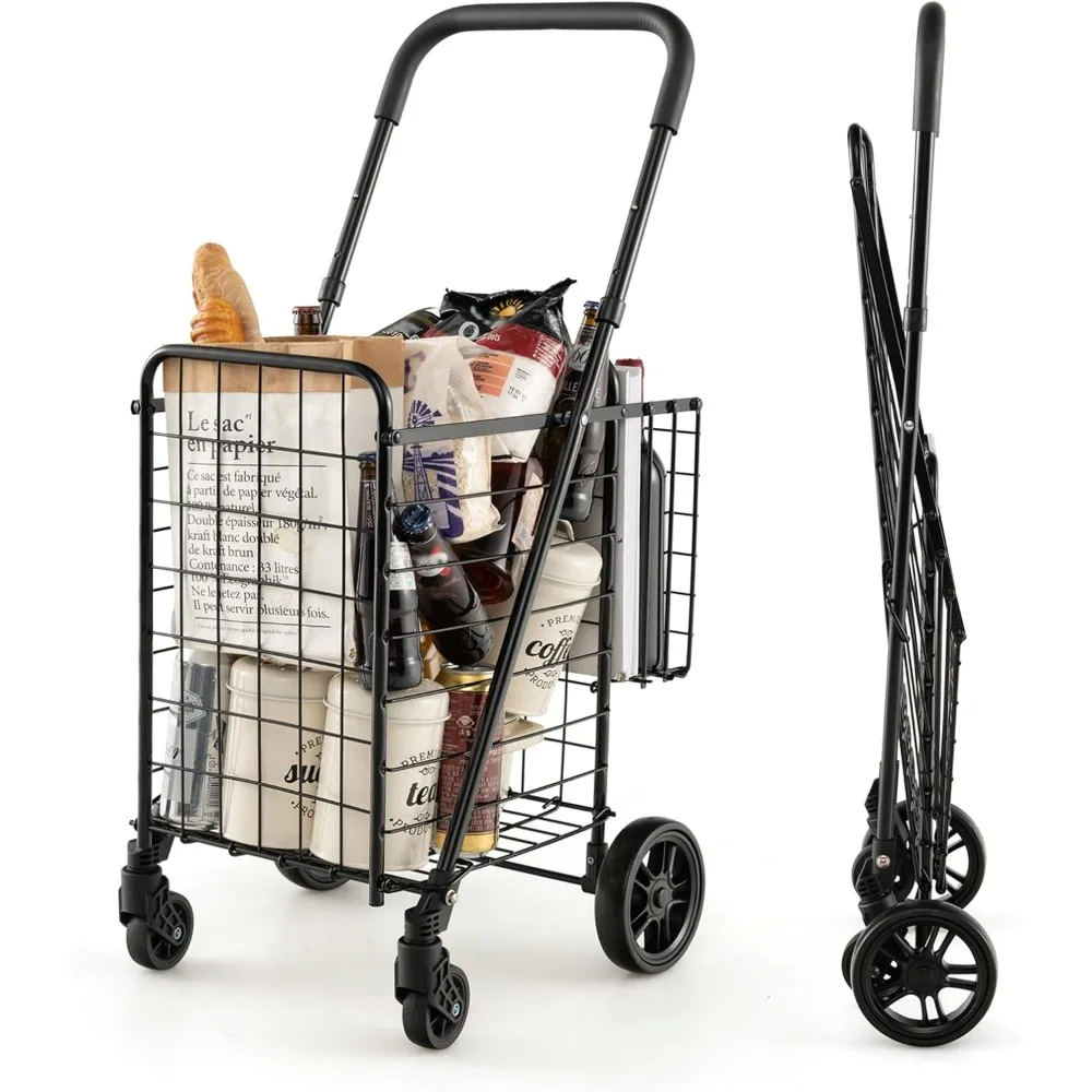 Carro de compras plegable de doble cesta con ruedas giratorias de 360 grados y asa ajustable para una práctica compra de comestibles