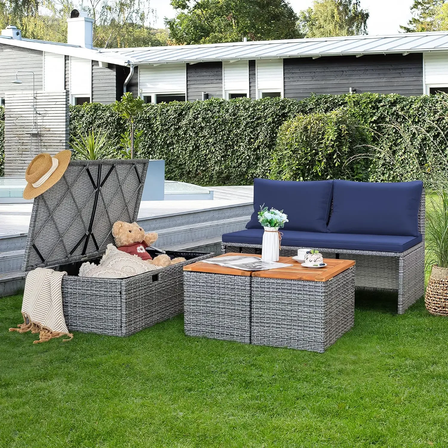 Outdoor Daybed Set Multifunctional Patio Day Bed Rattan Lounge Bed with 2 Side Tables for Backyard Porch Poolside Lawn Beach