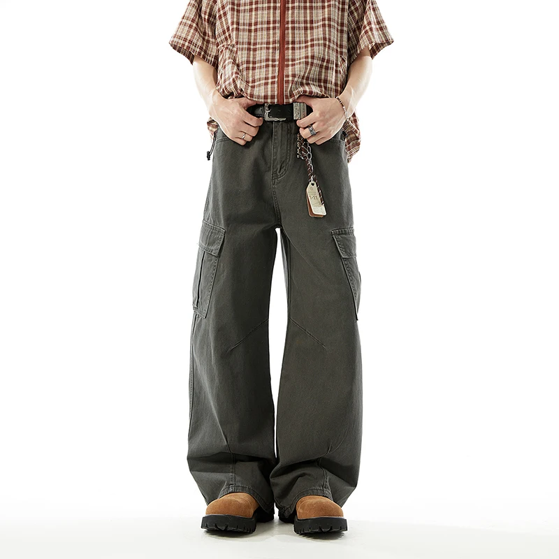 WTHT Vintage Men's Solid Color Spliced Big Pockets Cargo Pants Fashion 2026 Summer High-waisted Wide Leg Trousers Male 2A3108
