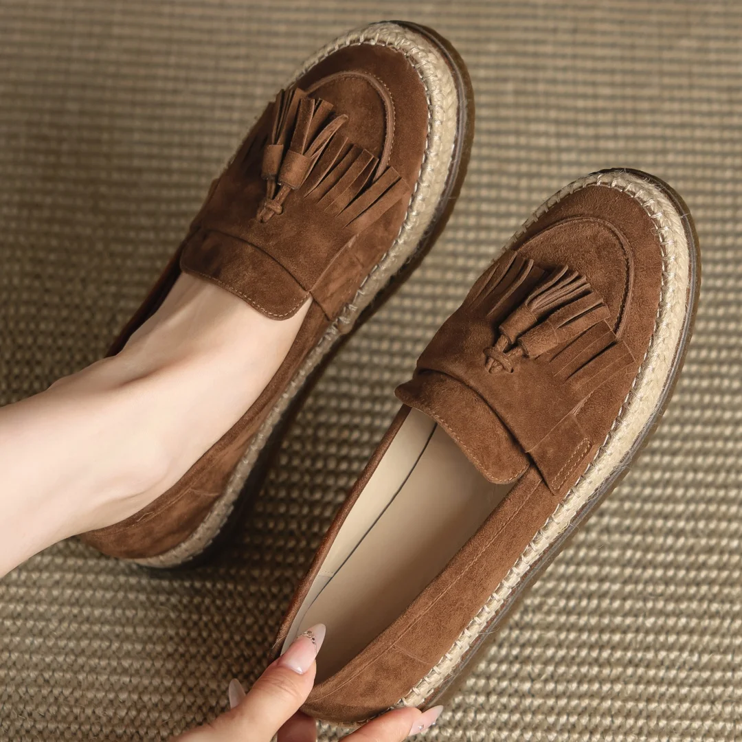 Mocasines planos sin cordones con punta redonda y flecos de cuero de ante natural para mujer, alpargatas informales cómodas y suaves de cáñamo de alta calidad