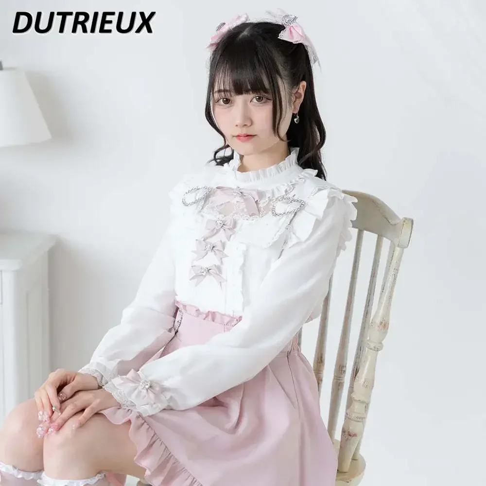 Chemise Lolita à lacets pour femmes, chemisier japonais doux, oreille en bois, dentelle découpée, nœud Grace raffiné, rose doux, printemps et été,