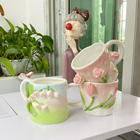 Creative Pink Cub Relief Tulip Flower Ceramic Coffee Cup Girl Gift Flower Mug Office Teacup Breakfast Milk Mug Home Decoration