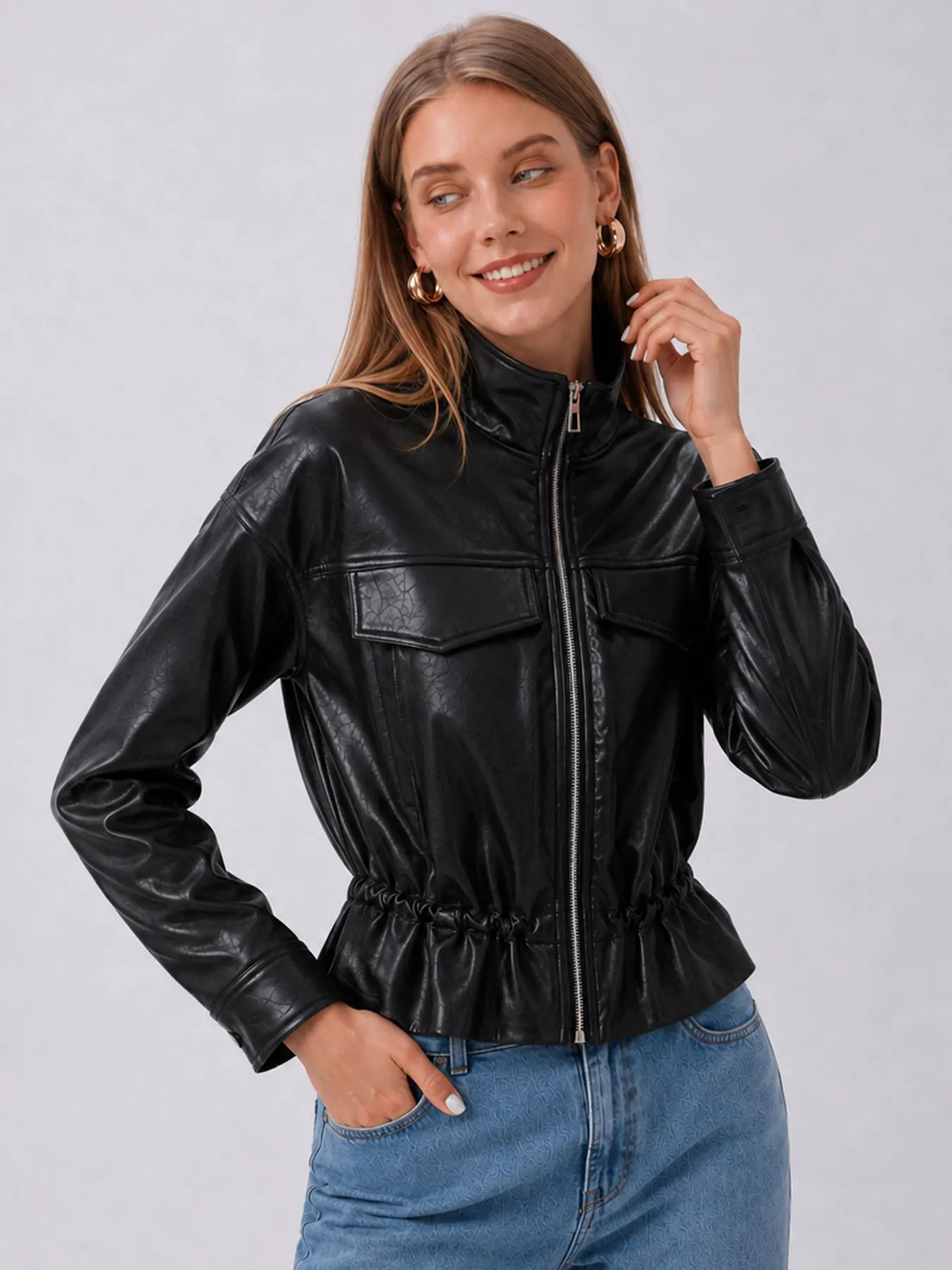 HH Female Faux Leather Stand Collar Outerwear Zipper Pocket Long Sleeve Fashion Autumn Jacket Elastic Waist Casual Party Coat