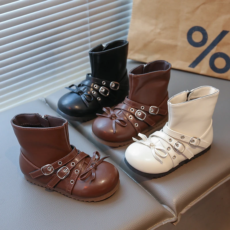 

Girls' Double Belt Buckle Design Flat-bottomed Booties Leisure Anti-slip Bow Decorative Children's Shoes in Autumn and Winter