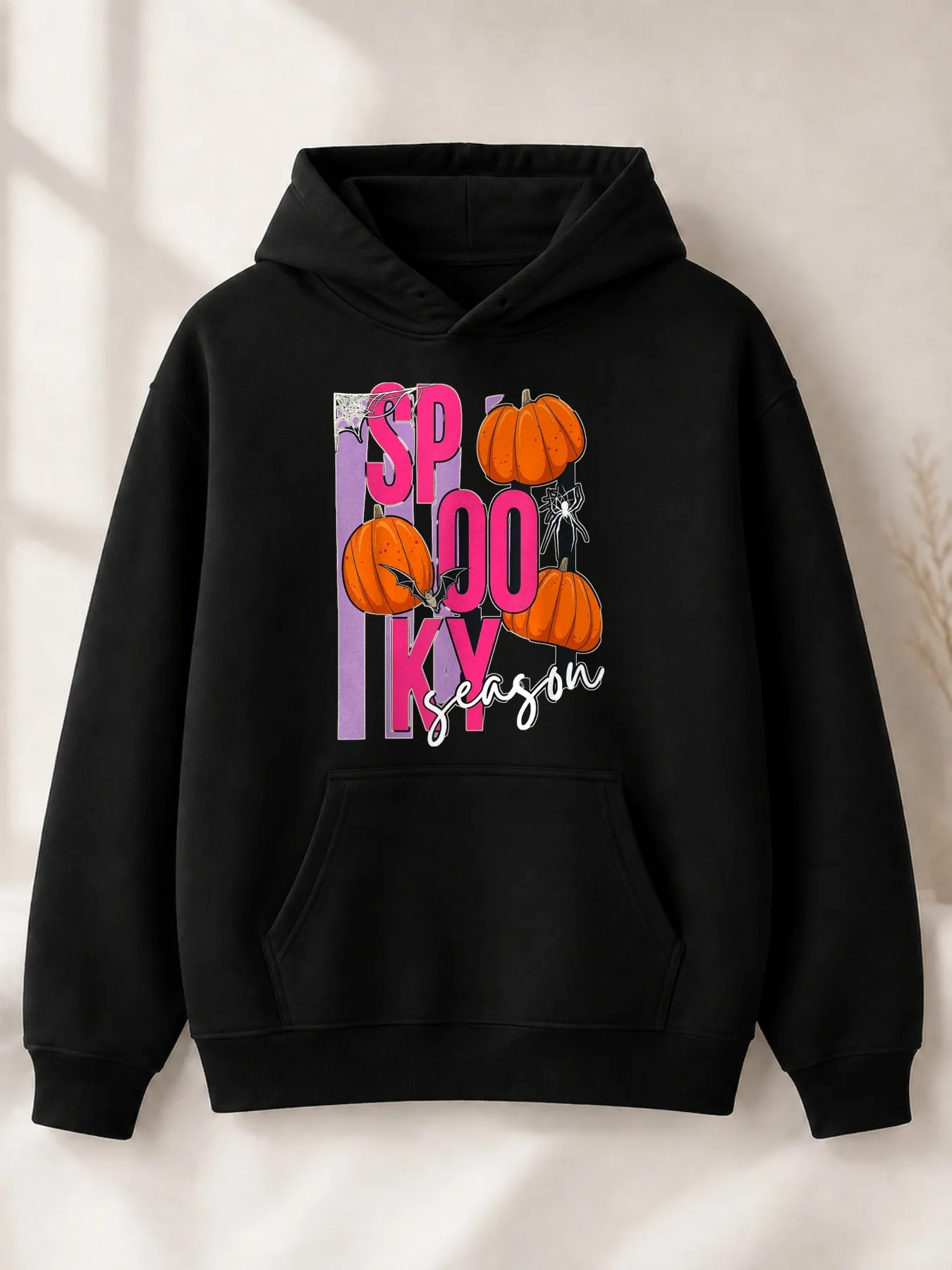 Cute Cartoon-Style Men's Hoodie, Halloween-Themed Pumpkin, Bat, Spider Web, and Text Patterns, Autumn Halloween Party, Friendly Gift