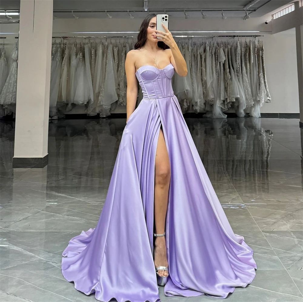 

Customized Temperament A-Line Evening Dress Graceful Strapless Celebrity Gowns Classic Front Slit Satin Special Occasion Gowns