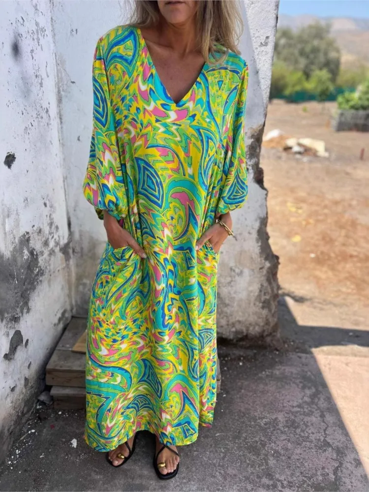 

Elegant Women's Maxi Dresses 2025 Summer Casual Fashion Retro Print V Neck Loose Boho Long Vacation Beach Dress Female Robes New