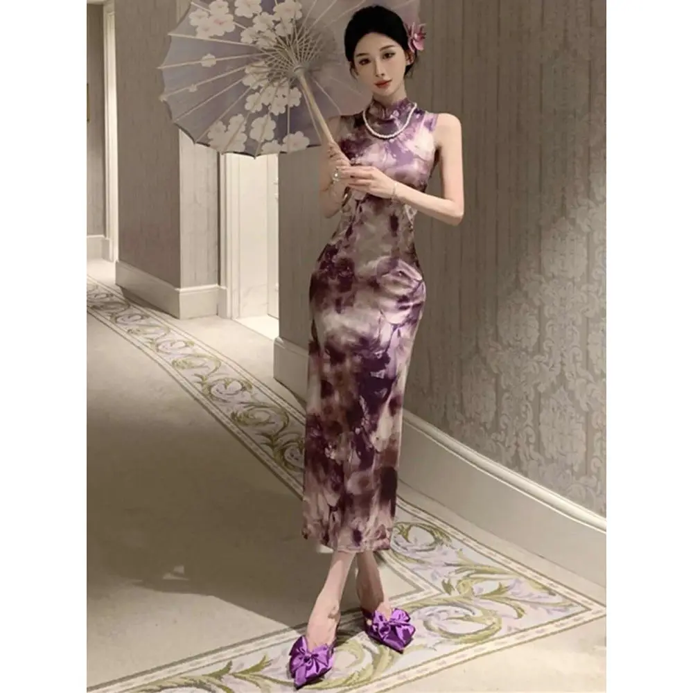 تشيباو الصينية الجديدة الرجعية ، شيونغسام طباعة بلا أكمام ، فستان ضيق متطور الصيف النساء القديمة شنغهاي شيونغسام