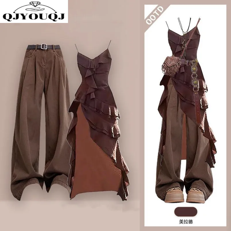 

Tourist Vacation Wasteland Style Outfit with Maillard Jeans Summer Outfit Bohemian Ethnic Style Dress Two-piece Set