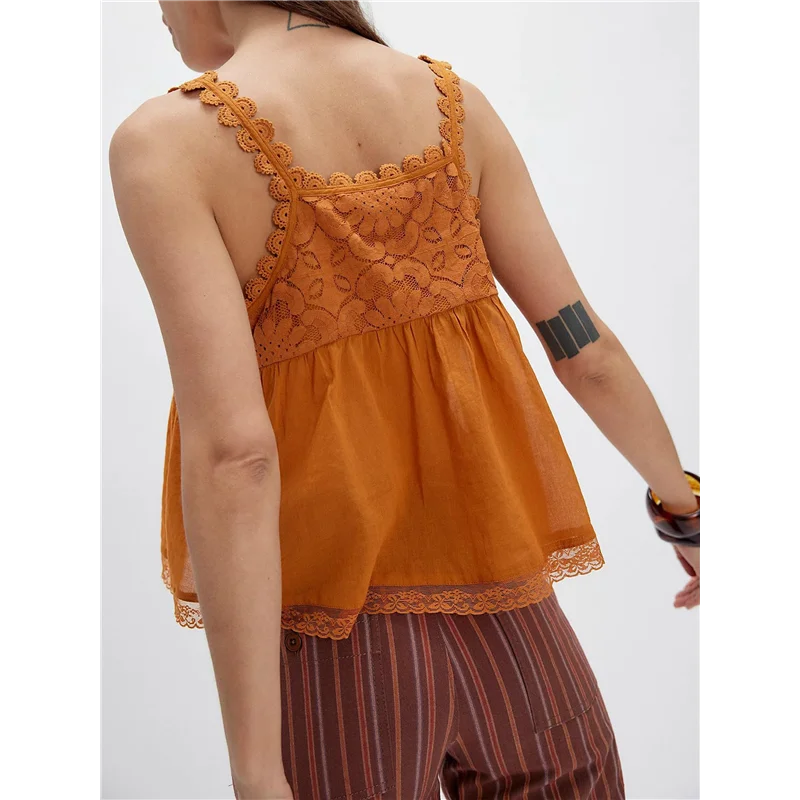 Women Lace Trim Tank Tops Y2k Tie Front Semi Sheer Crop Vest Cute Sleeveless Scoop Neck Flowy Shirt