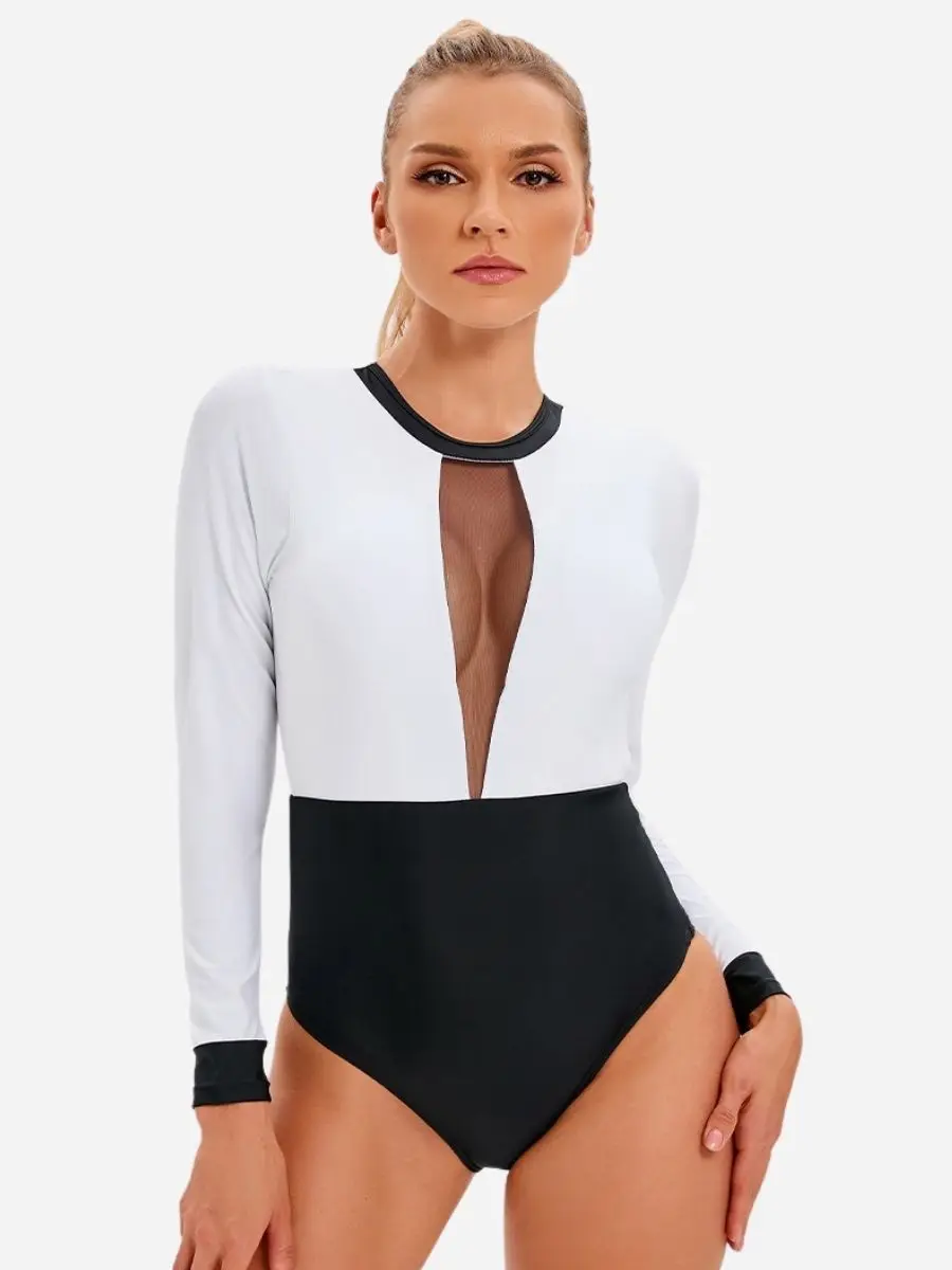 

Contrast Color Mesh Cut Out Bathing Suit UPF50+ Women Rash Guard Sports Surfing One-piece Long Sleeve Swimsuit