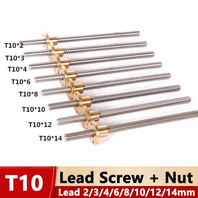 

1pcs T10 Lead Screw OD 10mm Lead 2/3/4/6/8/10/12/14mm Length 100/150/200/250/300/350/400/450/500mm with Brass Nut for 3D Printer
