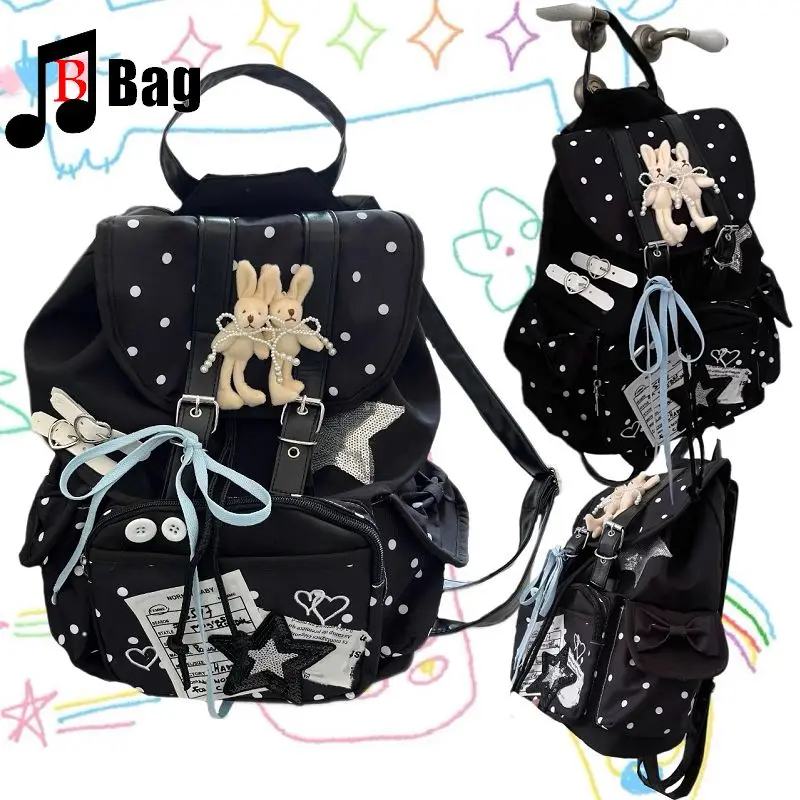 

Japanese Wave Point with Rabbit College style Backpack Y2K Girl Gothic Punk Versatile Shoulder Bag Large Capacity Schoolbag