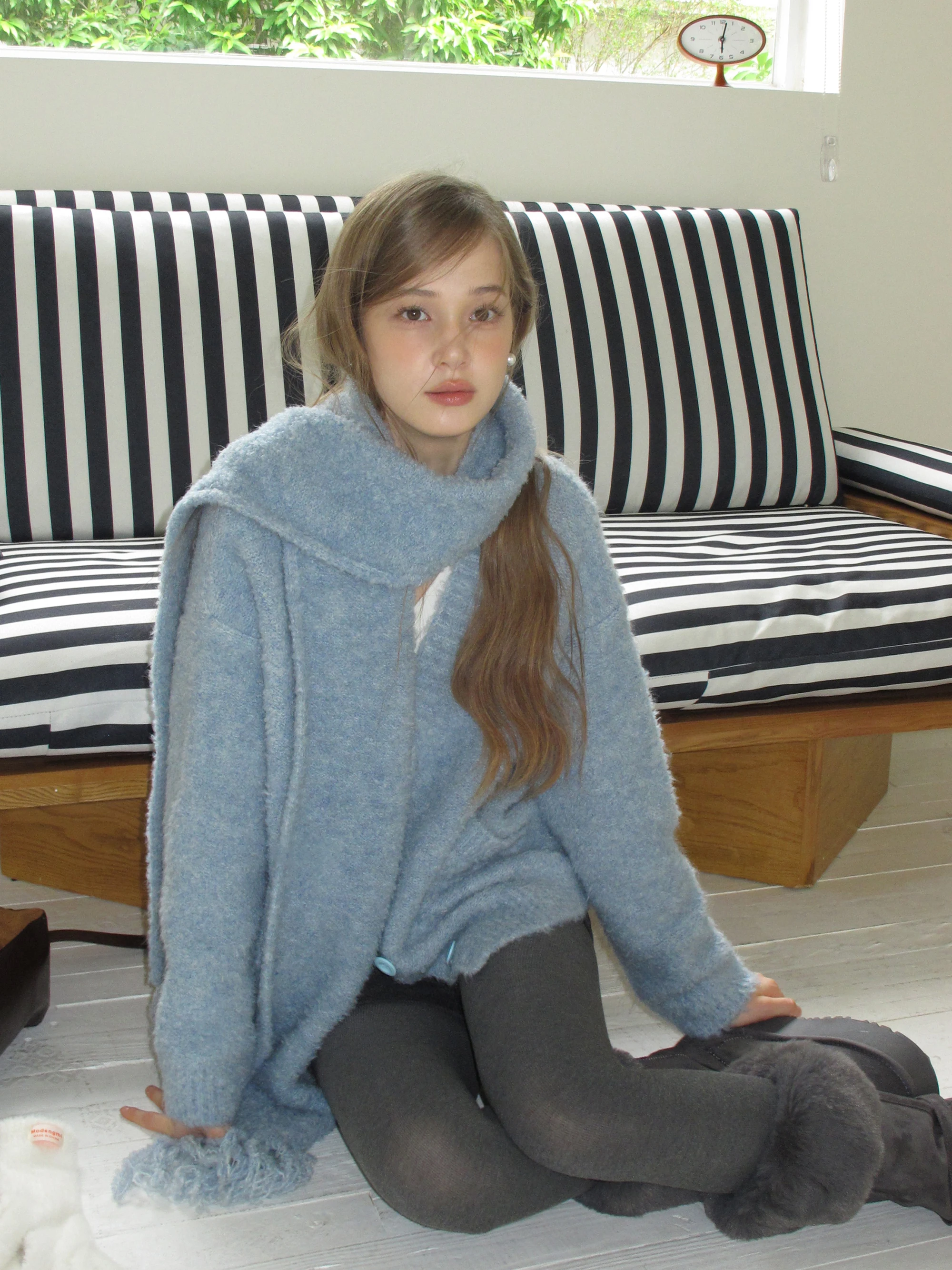 

EGGKA Soft Blue Knitted Open Cardigan Sweater Women's Loose V-Neck round Neck Autumn Winter Fashion Slimming Top