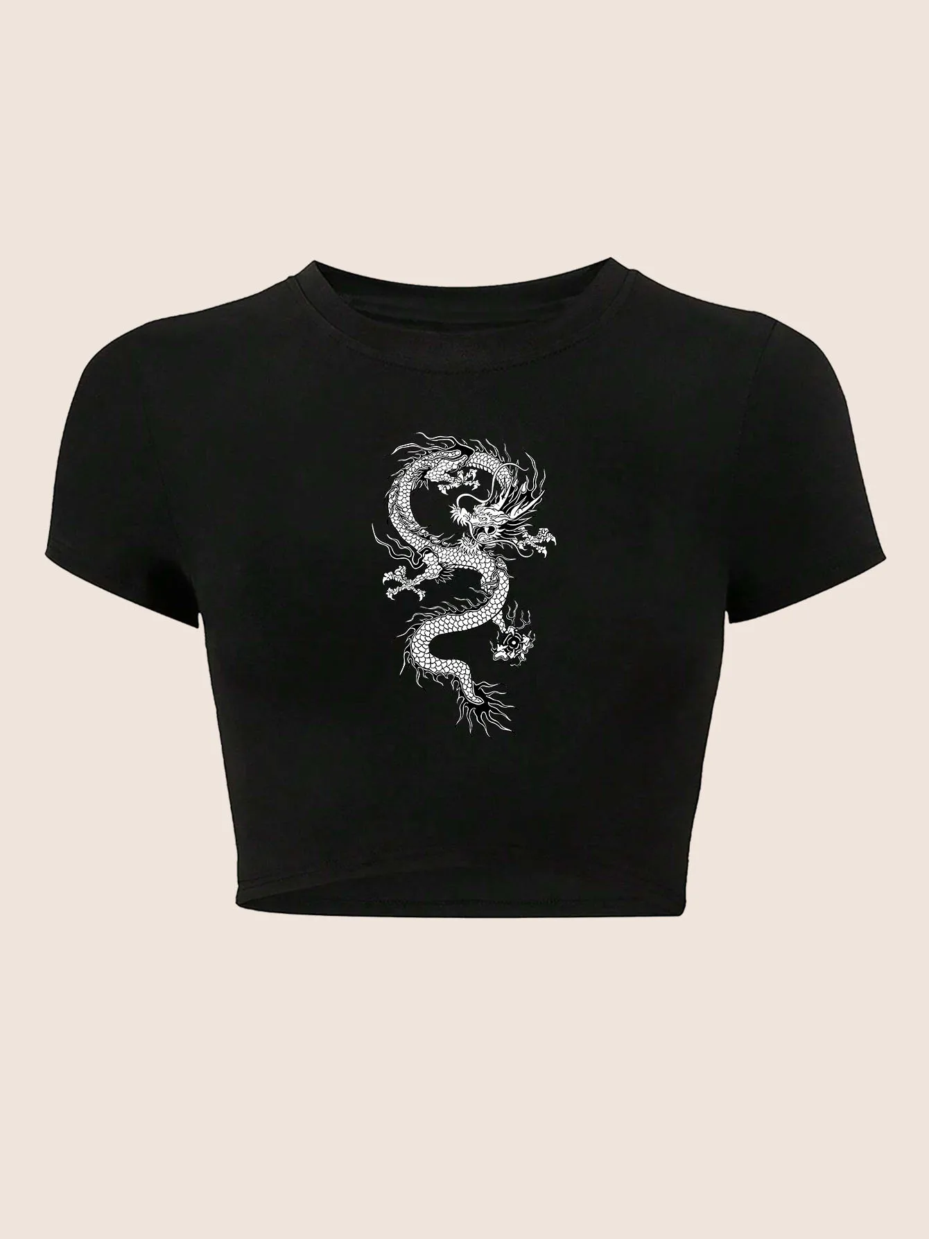 Women'S Dragon Print Crop Top T-Shirt Casual Sporty Short Sleeve Stretchy Round Neck White with Black Dragon Design crop Top