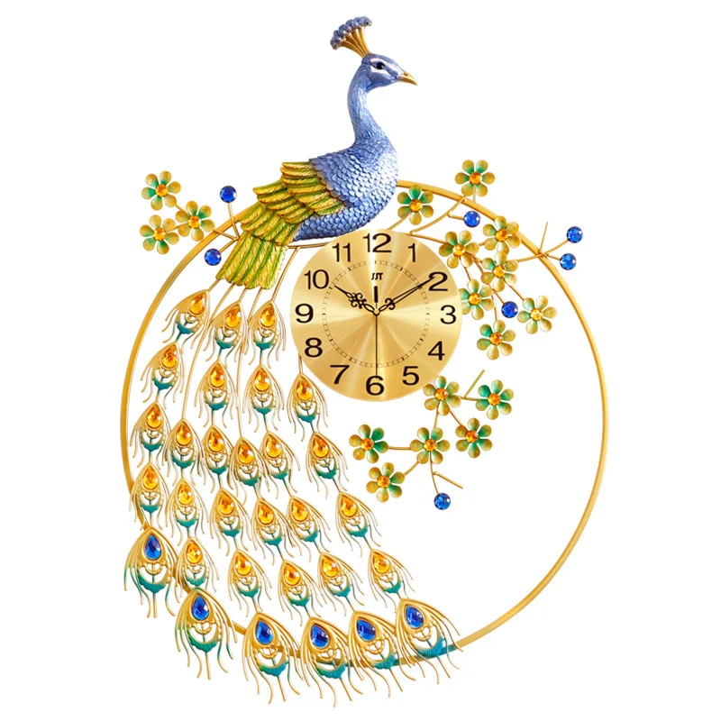 Reloj de pared creativo de pavo real, reloj artístico para decoración del hogar