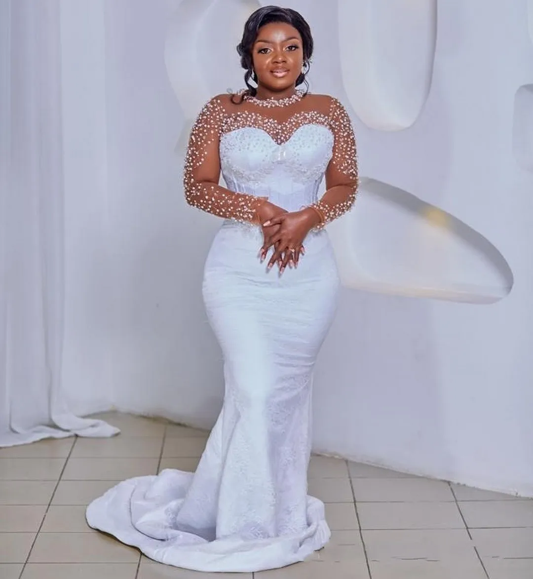 

African Wedding Dress Bridal Gowns Plus Size Mermaid Bride Dresses Sheer Neck Long Sleeves Beaded Lace Pearls Gowns For Nigeria
