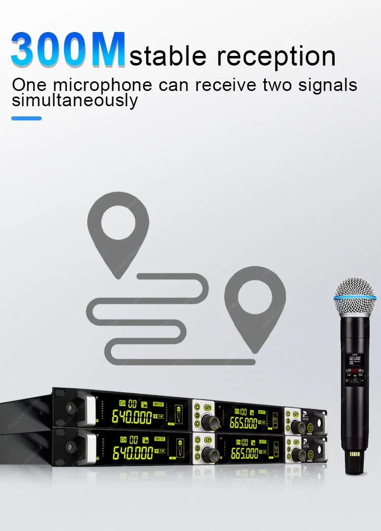 Paulkitson UR700 True Diversity Drahtloses Mikrofonsystem, Dual-Channel UHF 600MHz Dynamisches Handmikrofon für Bands und Gesang – Detail 8