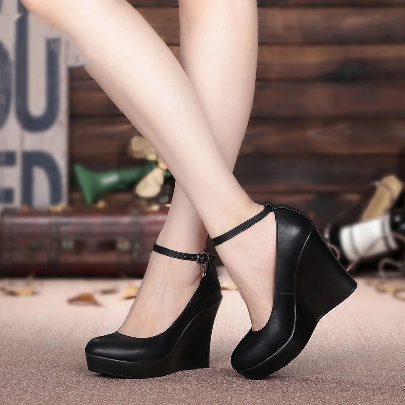 8 سنتيمتر 10 سنتيمتر أنيقة مريحة حقيقية أحذية من الجلد النساء مضخات منصة 2025 ربيع الخريف عالية الكعب أسافين الأحذية نموذج مكتب