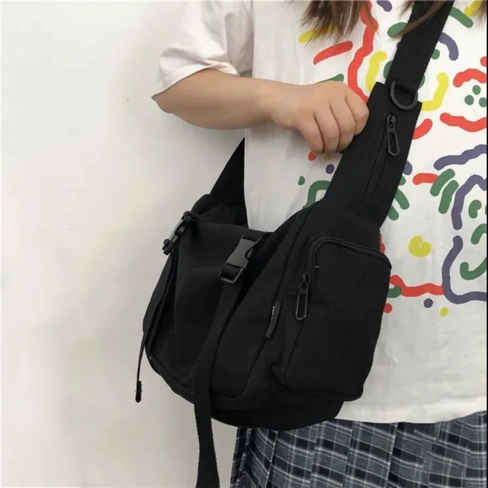 Black Crossbody Bags Women Design Pockets Canvas Large Capacity Tote Dark Academia Retro Cross-body Bag Unisex BF Japanese Style