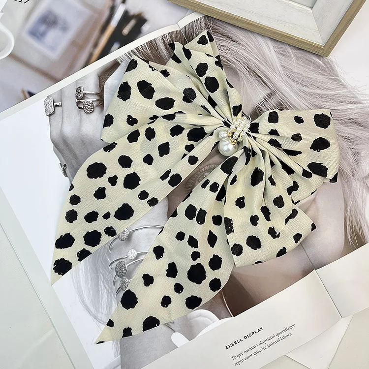 Vintage Thousand Bird Grid Large Bow Hairpin with Satin and Pearl Hairpin