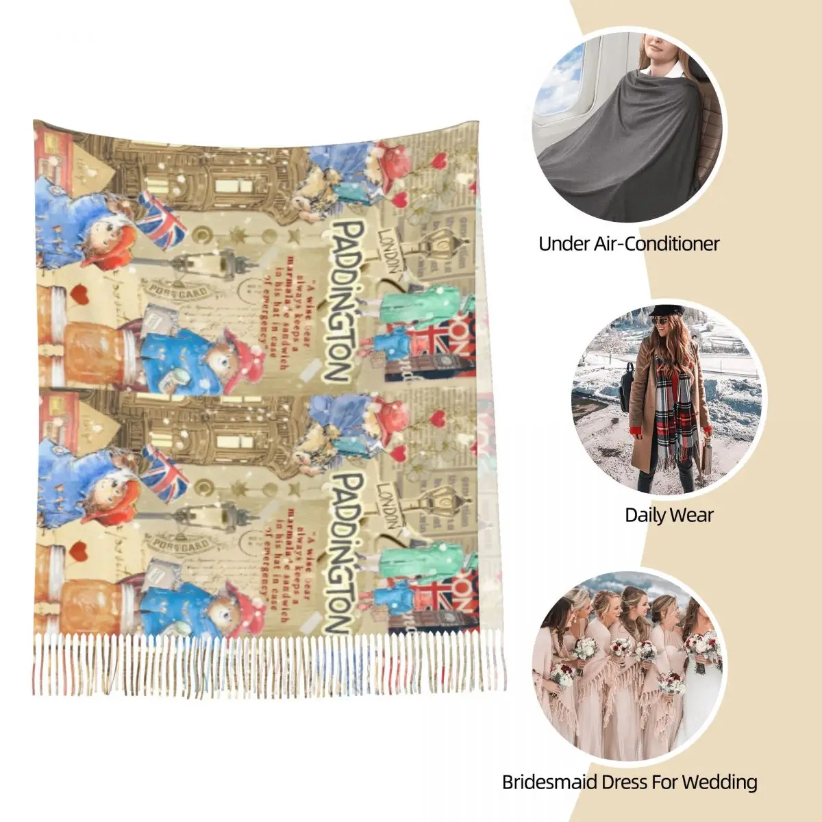 Womens Scarf with Tassel Britain Paddington Brown Bear Large Soft Warm Shawl and Wrap Cute Movie Cartoon Gifts Pashmina Scarves