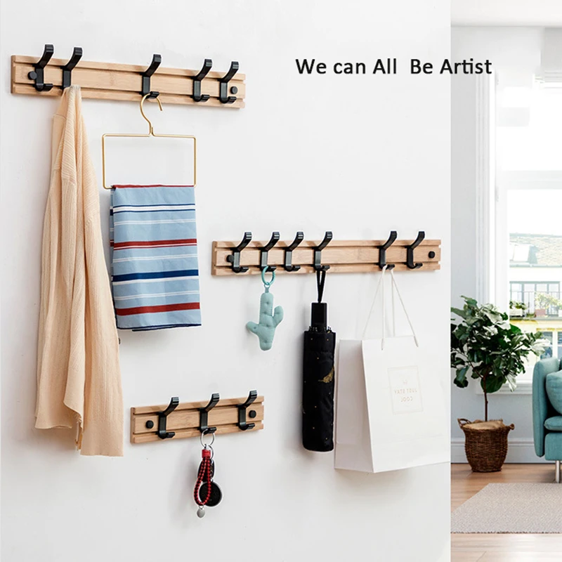 Wall Mounted Floating Coat Rack Wooden Entryway Coat Hat Hanger Rack Rail with move Hooks Space-Saving for Clothes Towel Robes