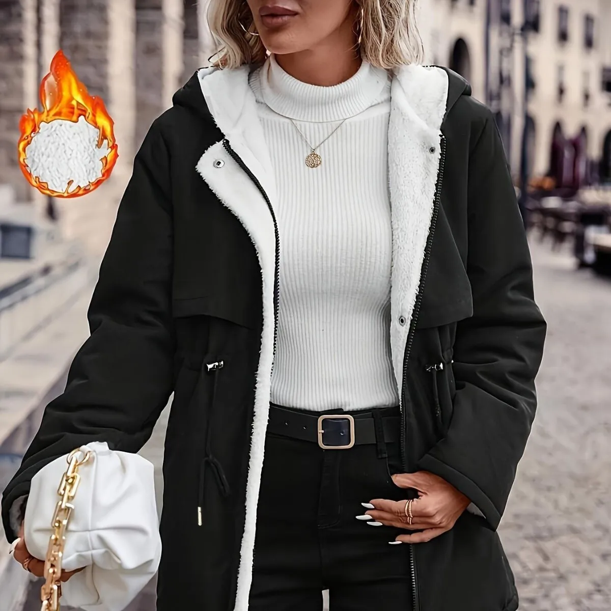 معطف نسائي سميك مبطن بالصوف دافئ وأنيق