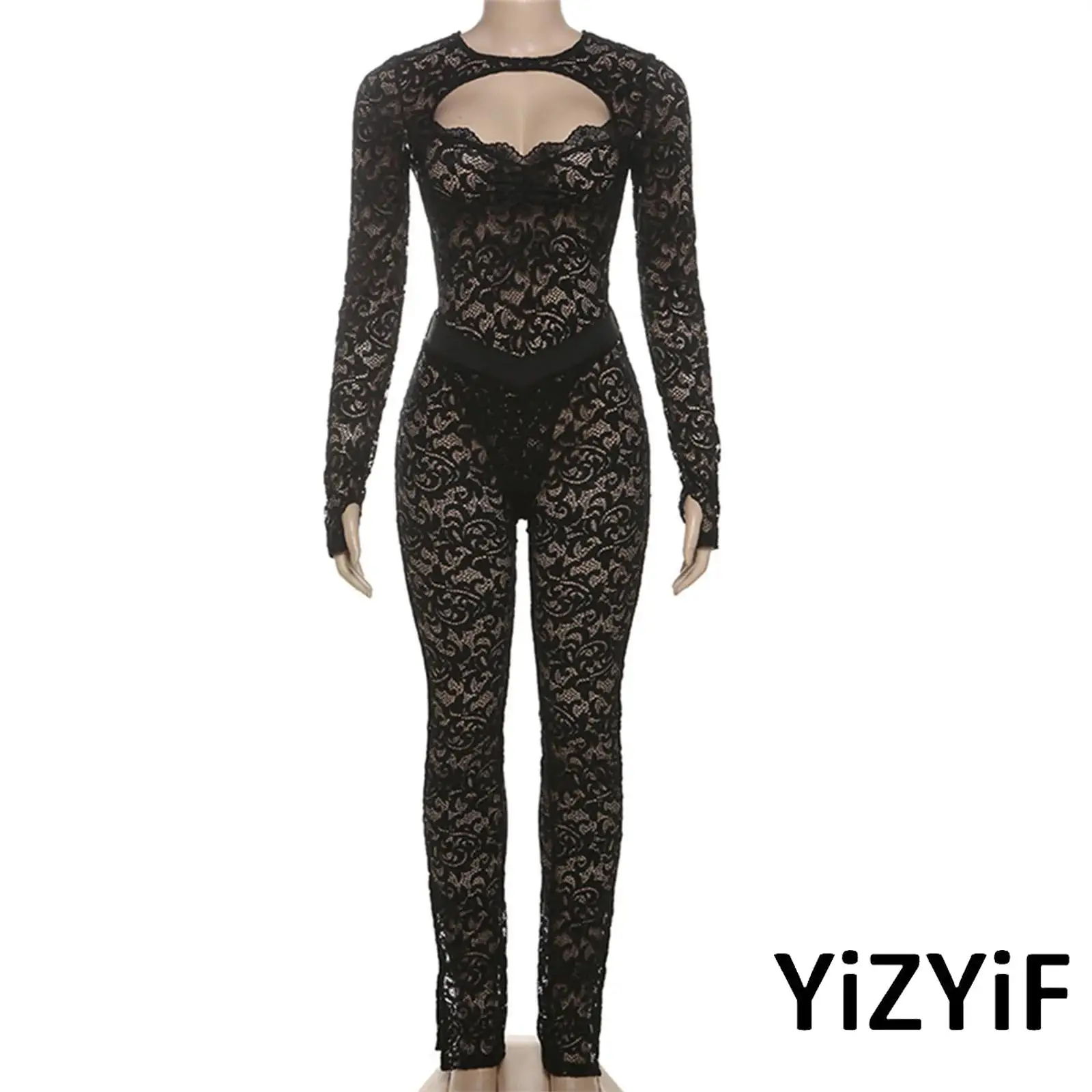 

Women Floral Lace Outfit Long Sleeve Front And Back Hollow Bodycon Bodysuit And Long Pants Set for Carnival Nightclub Raves Wear