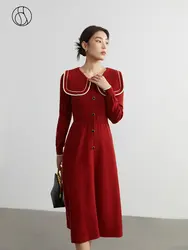 DUSHU Retro Red Women Mid-Length Knitting Dress Peter Pan Collar Button Decoration Pullover Sweater Dresses Office Lady Skirts