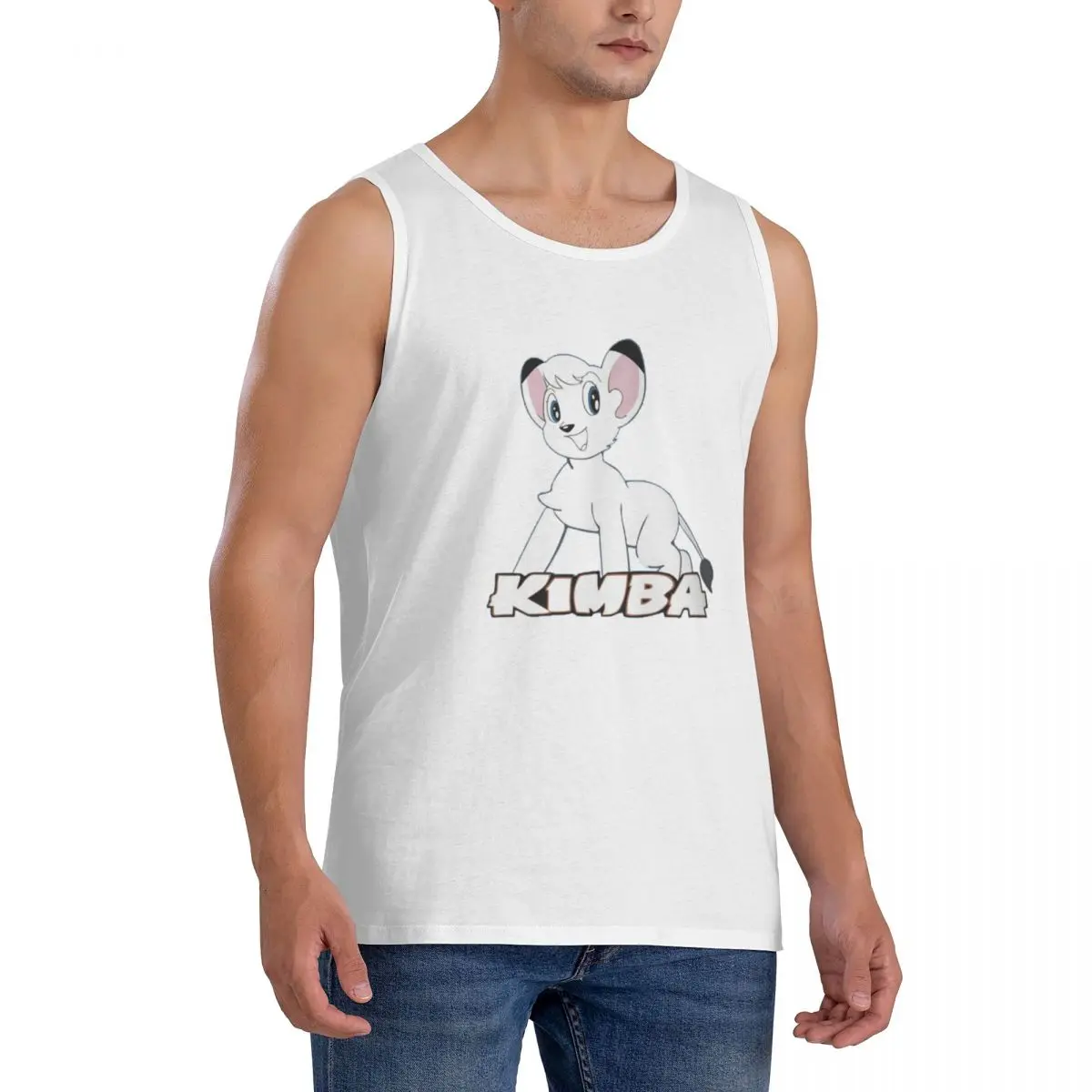 100% Cotton Kimba White Lion Sleeveless T-Shirt Men Workout Sports Clothing Tops Men's Crew Neck Vest