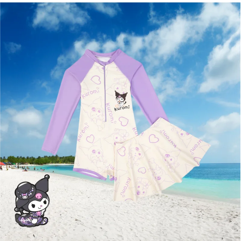

Kawaii Sanrio Cartoon Kuromi Girls One-piece Swimsuit Cute Fashion Purple Long Sleeve Sunscreen Breathable Kids Beach Swimsuit