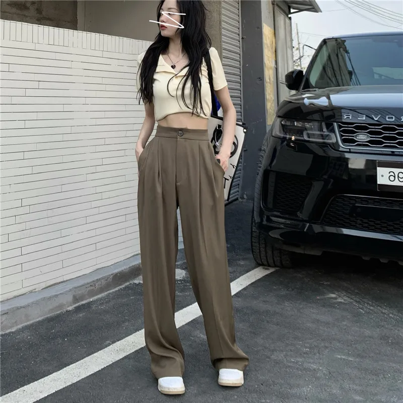 

Khaki Women's Clothing Bottoms Feeling Fashion Leisure Vintage Loose Wide Leg Pants Design Straight New Trousers Suit Pants