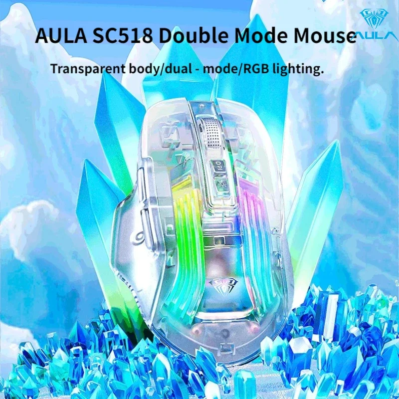 

Aula SC518 2,4G Bluetooth Беспроводная двухрежимная мышь RGB Подсветка Перезаряжаемая игровая мышь Прозрачная мышь для ПК Ноутбук