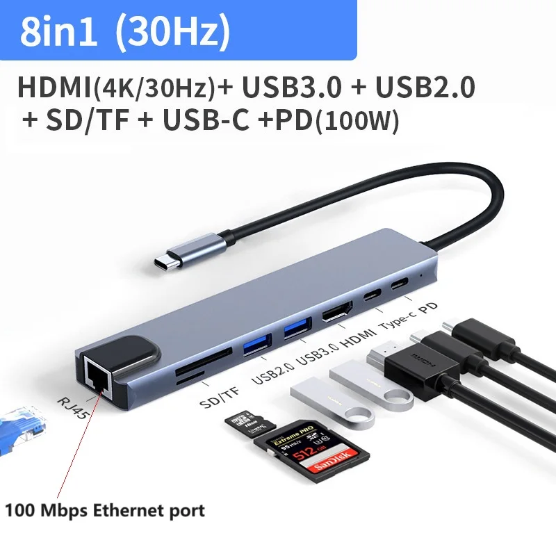 6 7 8 10 in 1 Type-C to USB 3.0 Hub Expansion Dock Adapter Type-C to 4K HDMI-compatible VGA RJ45 Splitter PD Charge Dock Station