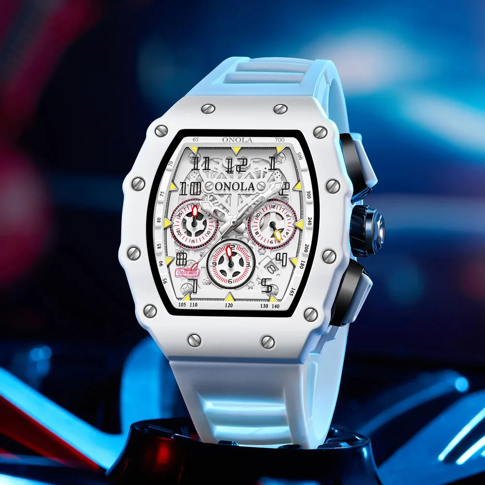 ONOLA-Montre Tonneau Décontractée pour Homme, Multifonctionnelle, Bracelet en Silicone Souple, Étanche, Quartz Blanc, Mode