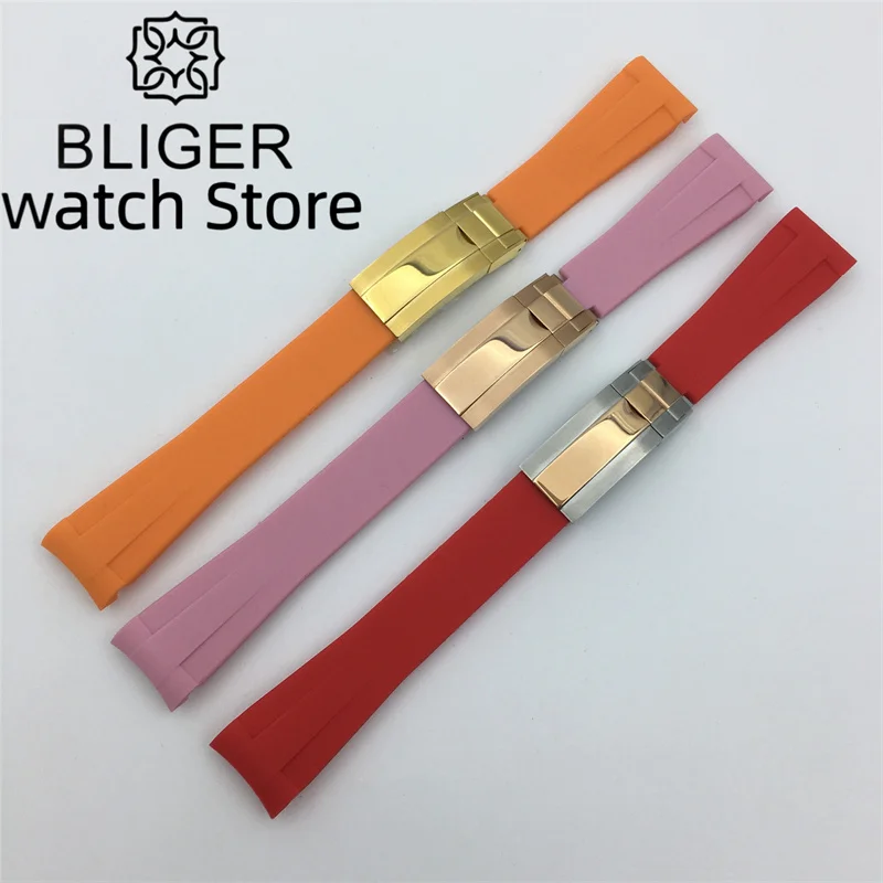 BLIGER 20mmBlack Blue Green White Red Pink Orange  rubber strap with rose gold black silver gold stainless steel folding buckle