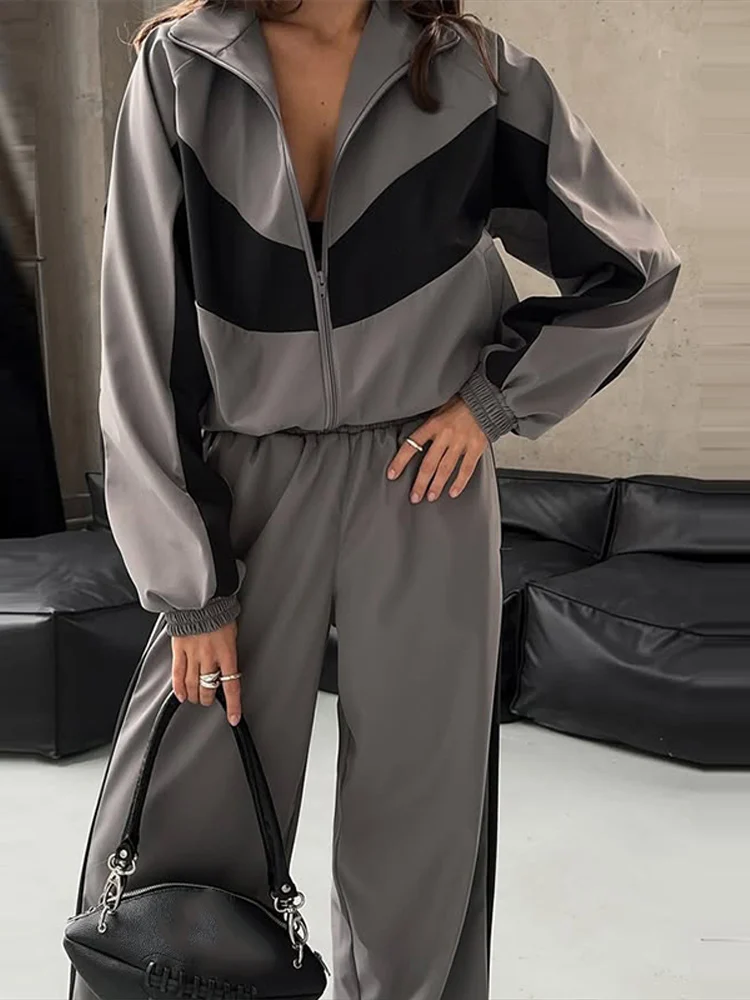 Getäfeltes, langärmliges, übergroßes Oberteil, Hosen-Sets für Damen, Streetwear, Laternenärmel, Reißverschluss, lockerer Mantel, Hose mit weitem Bein, modische Sportbekleidung – Detail 14