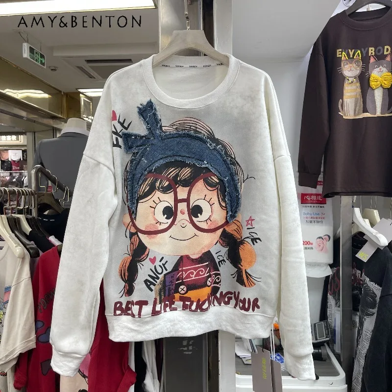 

Winter Heavy Industry New Cartoon Patch Embroidery Fleece-Lined Crew Neck Sweatshirt Ladies Loose Casual Mid-Length Pullover Top